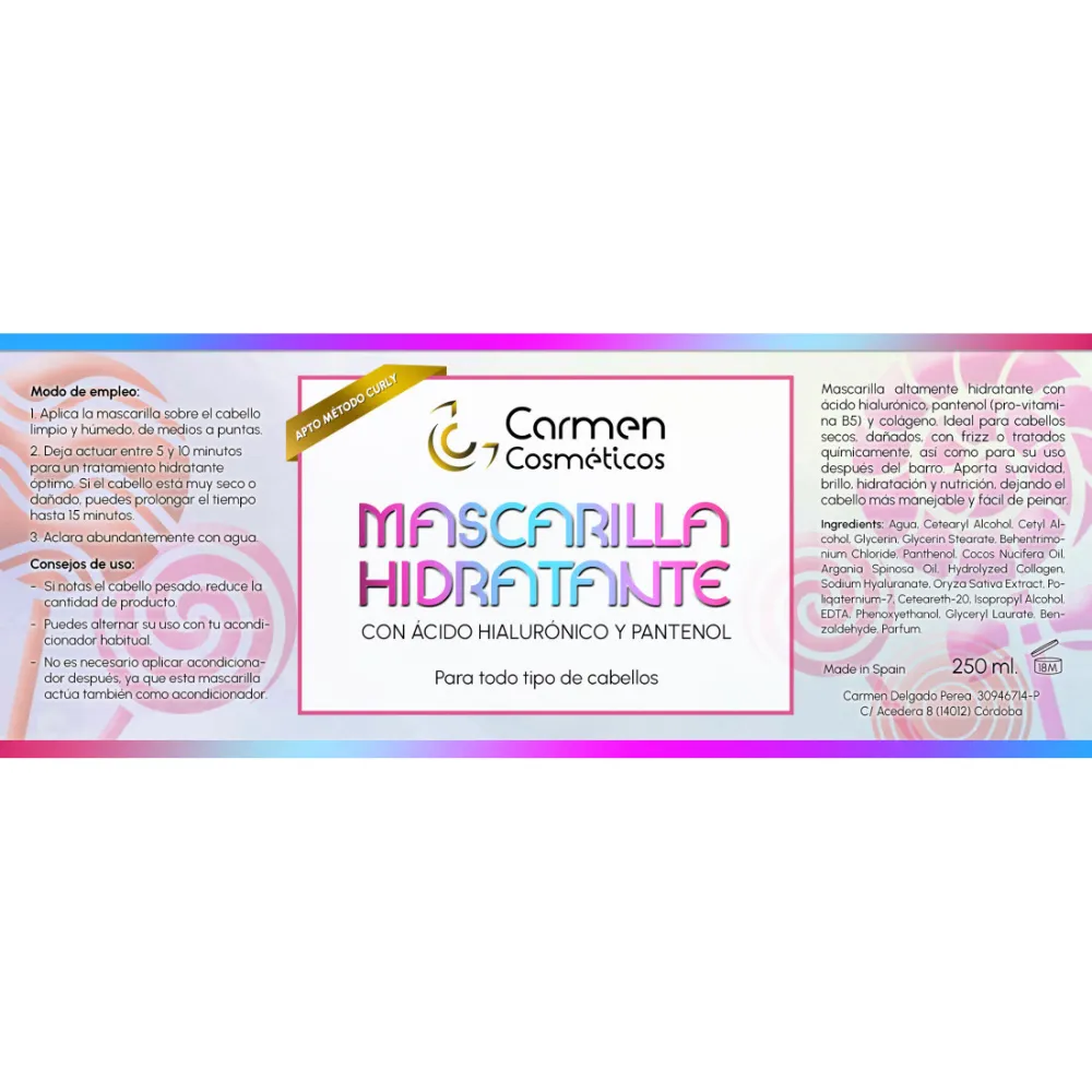 Carmen Cosméticos Mascarilla Hidratante con Ácido Hialurónico y Pantenol 250ml - 2